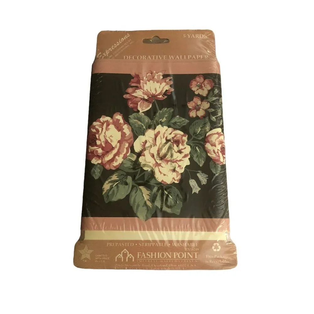 VINTAGE Expressions "Midnight Rose" 5 yds Black & Pink Roses Pre-Pasted Border